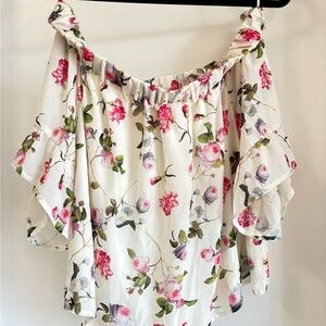 Express Floral Ruffle Blouse - Pink and Green on Cream